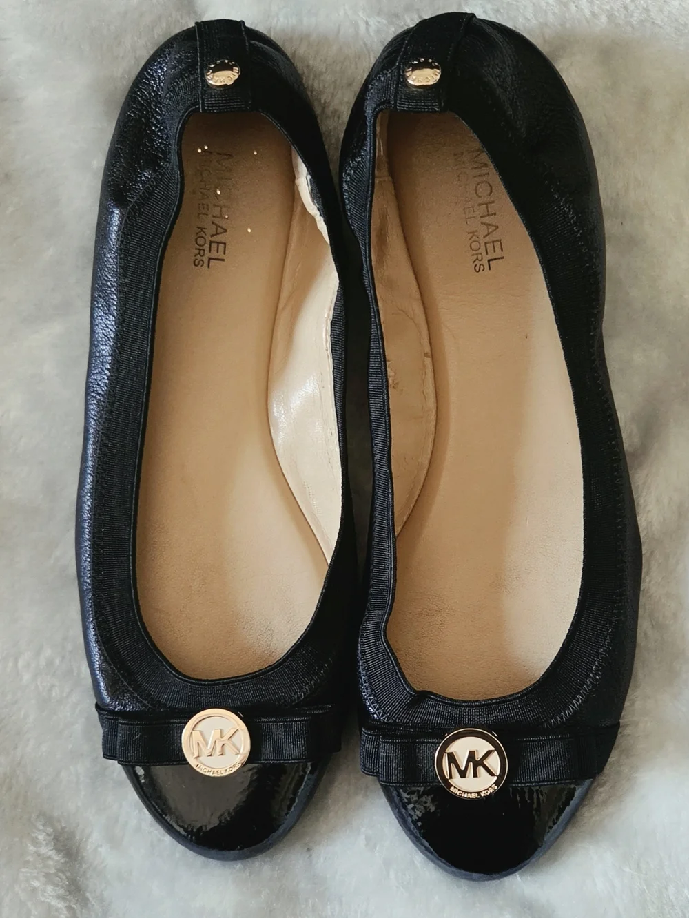 Michael Kors Black Patent & Leather Ballet Flats with Gold MK Medallion